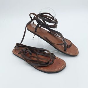 Handmade brown leather gladiator lace up sandals flat barefoot style
